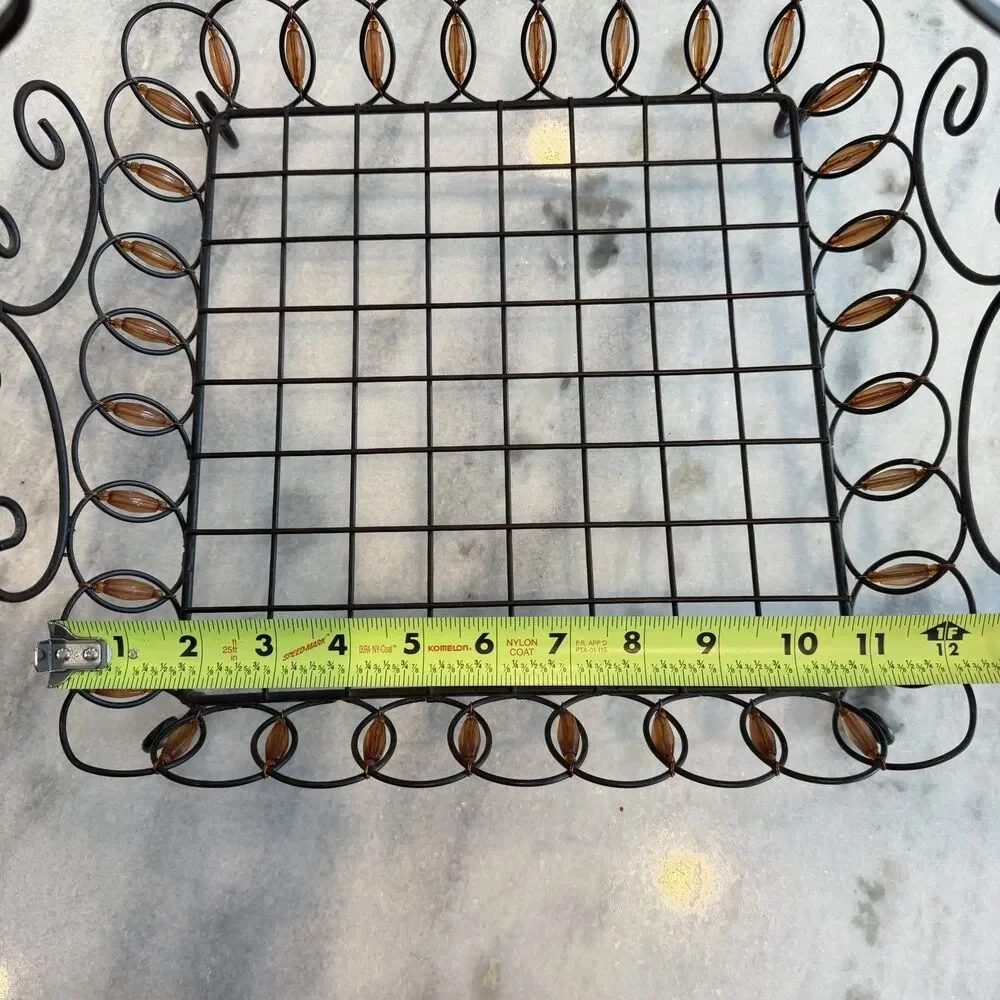 Pier 1 Wrought Iron Orange Beaded Basket Centerpiece With Handle Scalloped